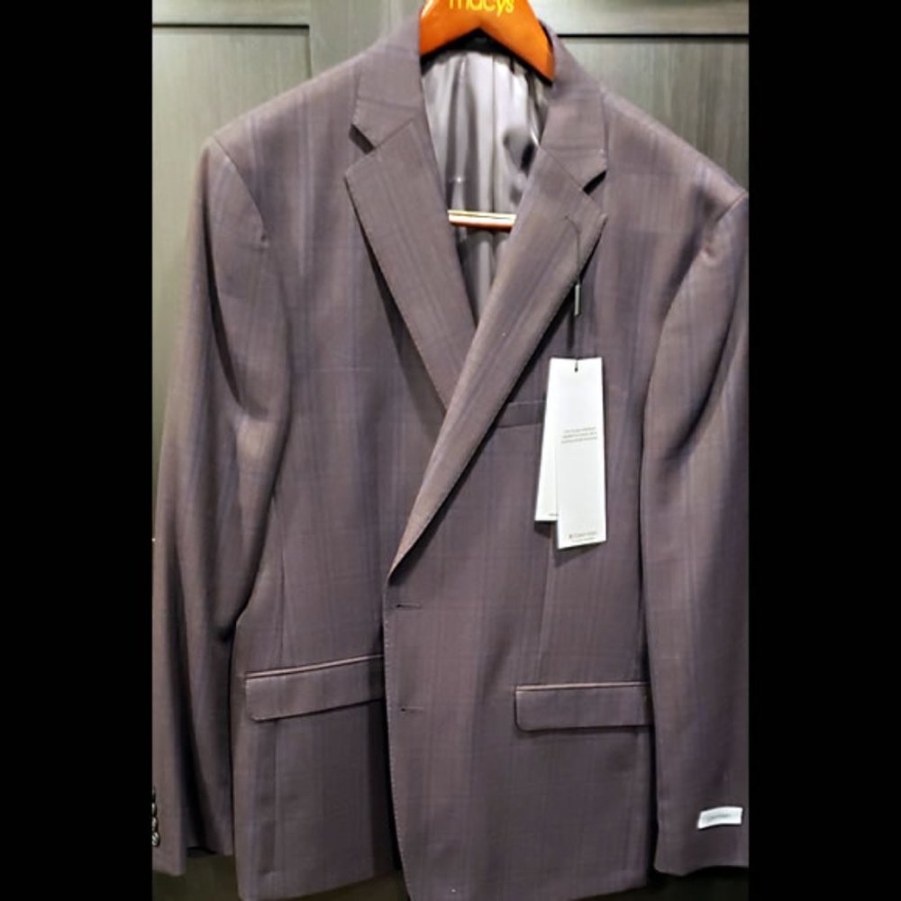Calvin Klein Men's Slim-Fit Burgundy Windowpane Plaid Sport Coat (48R)